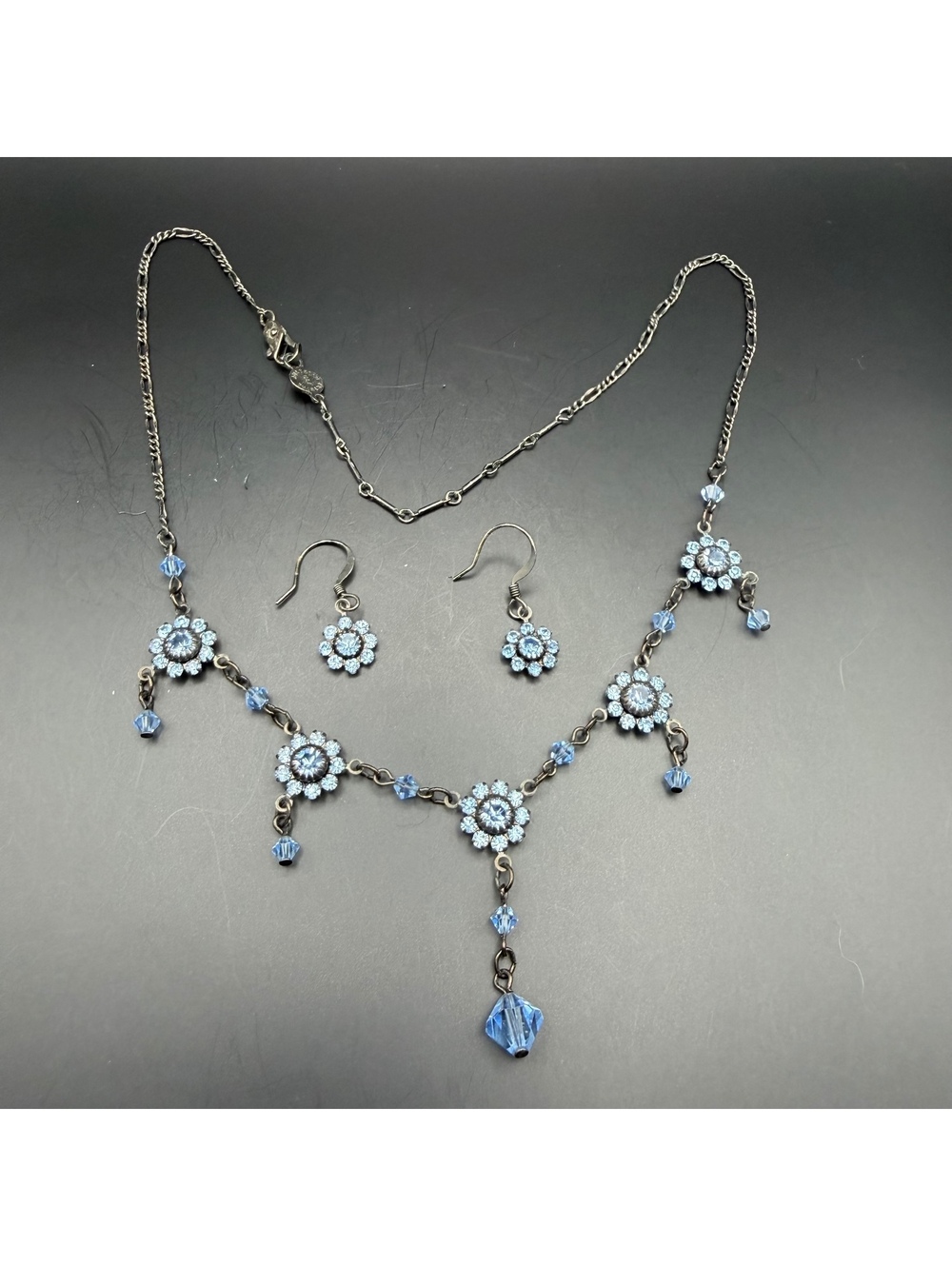 Vintage 90's Prom Light Blue Floral Necklace and Earring Set Black Chain